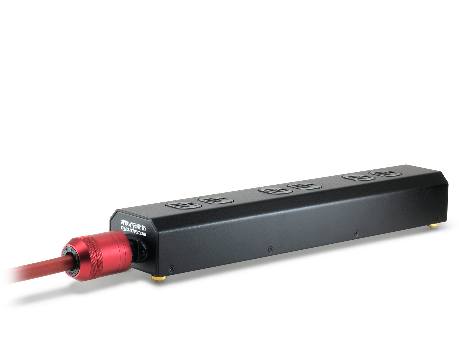 Black power strip with red plug on a white background