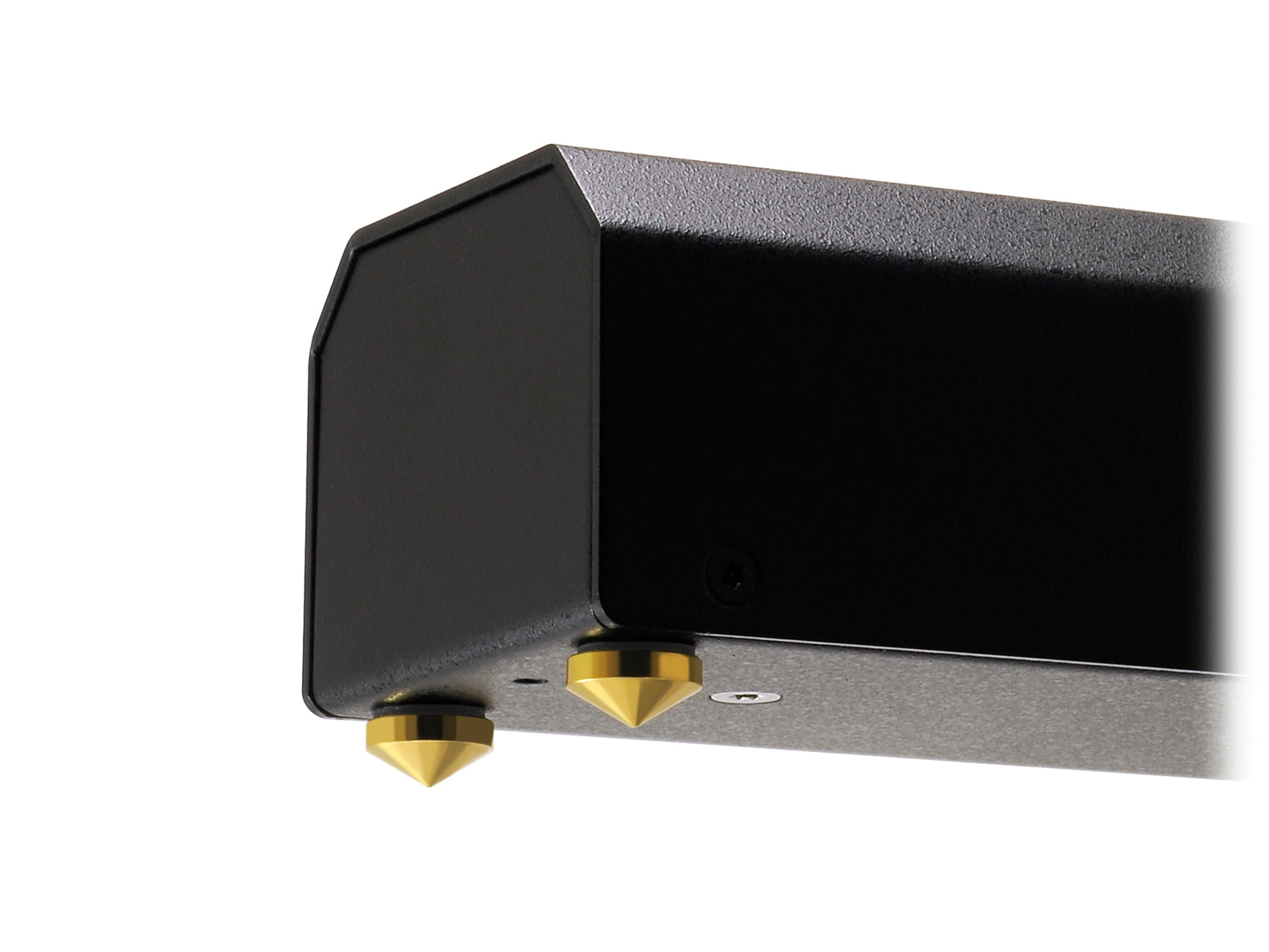 Black electronic device with gold accents on a white background