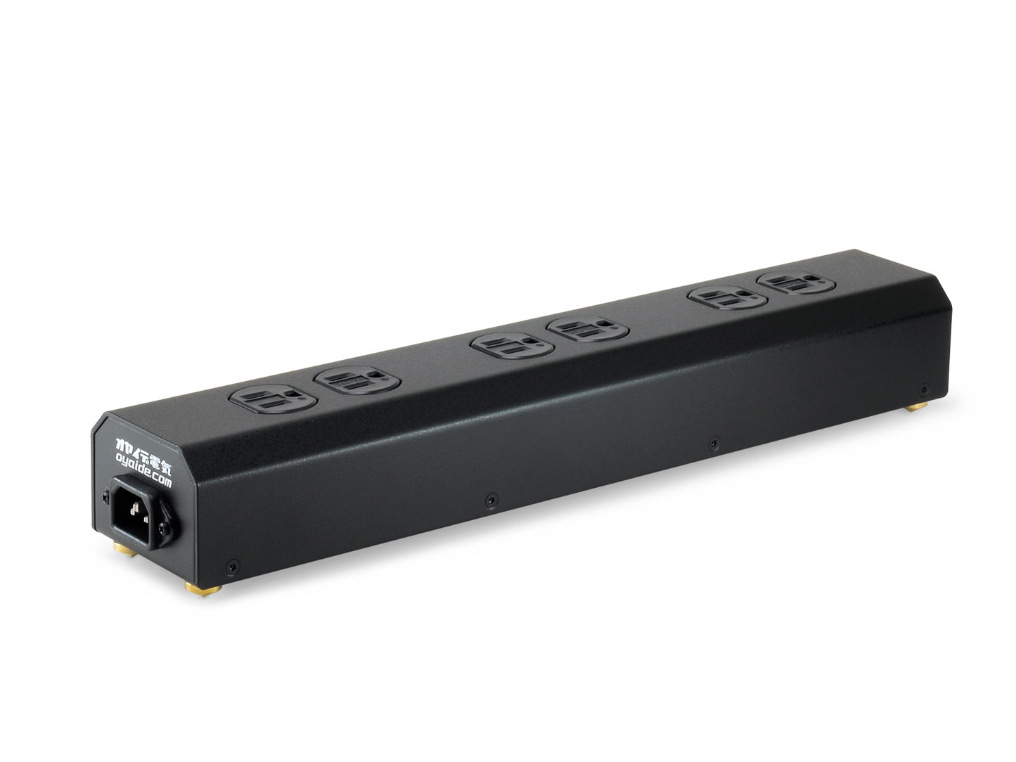 Black power strip with multiple outlets on a white background