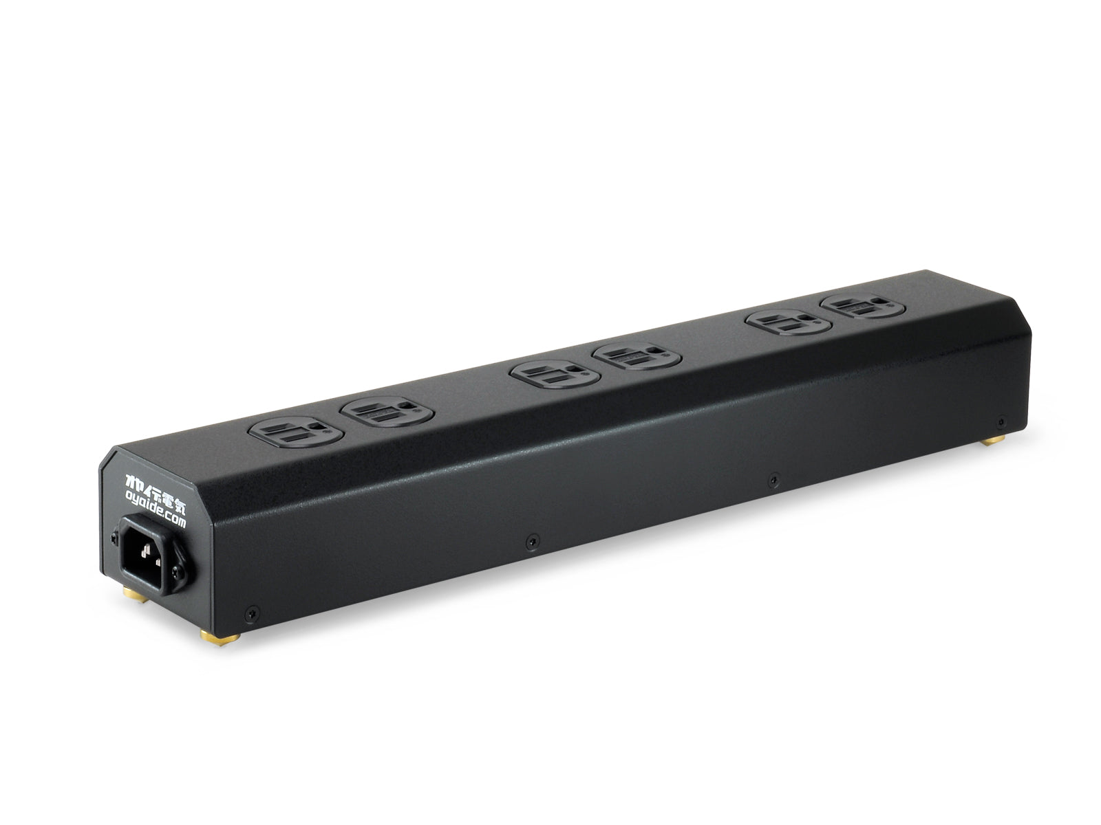 Black power strip with multiple outlets on a white background