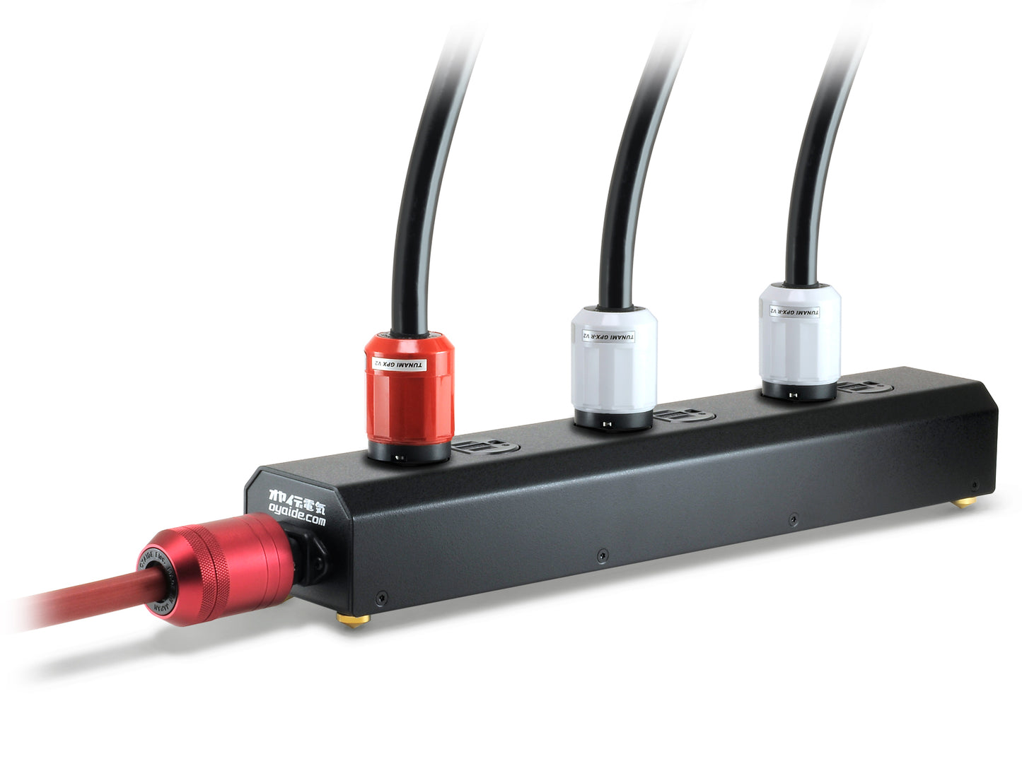 Black power strip with red and black cables on a white background
