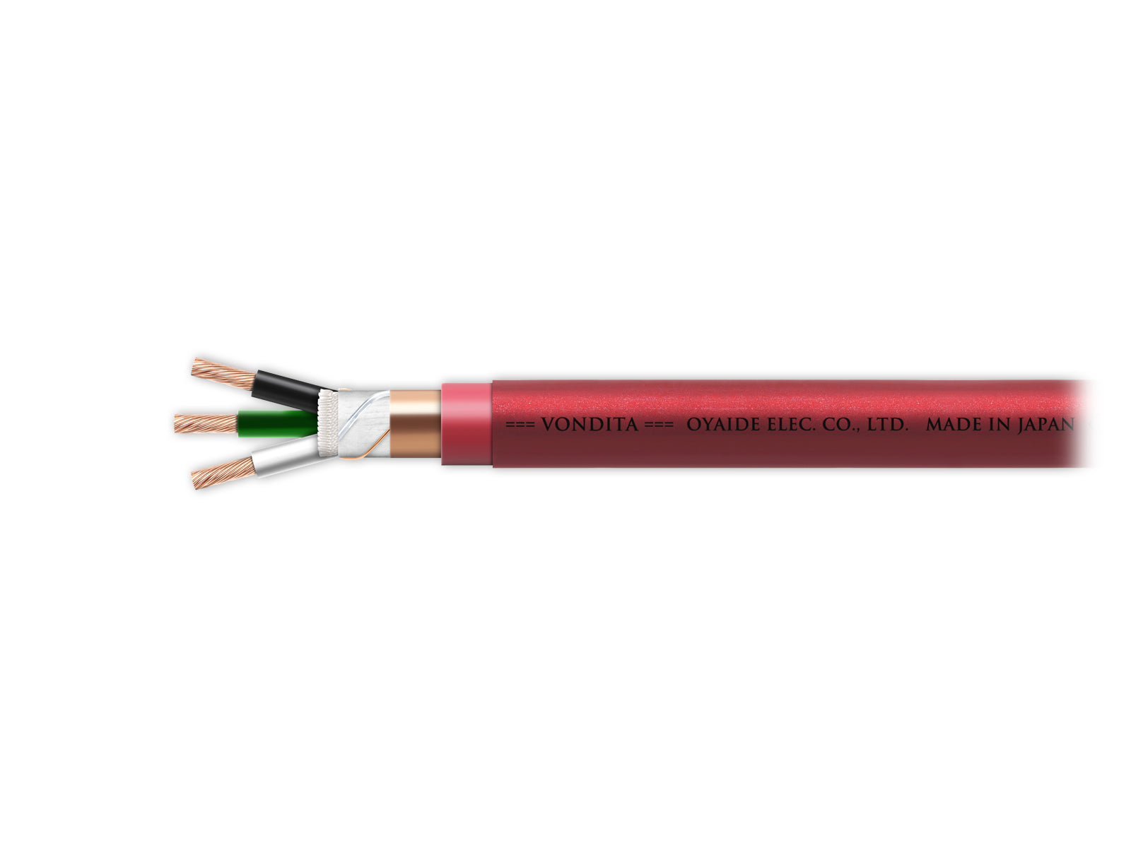 Cable with red sheath and visible branding on a white background
