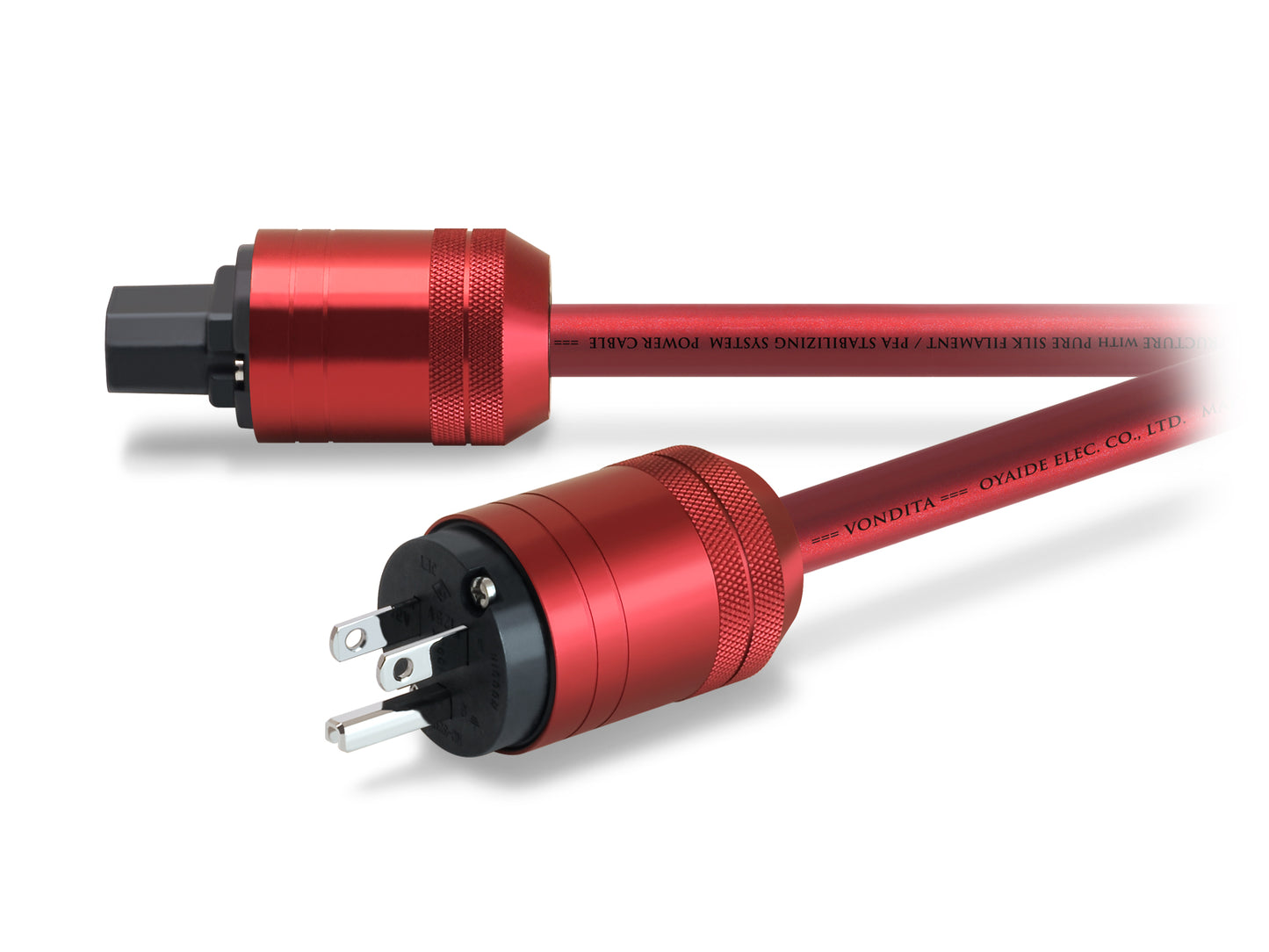 Red audio cable with connectors on a white background