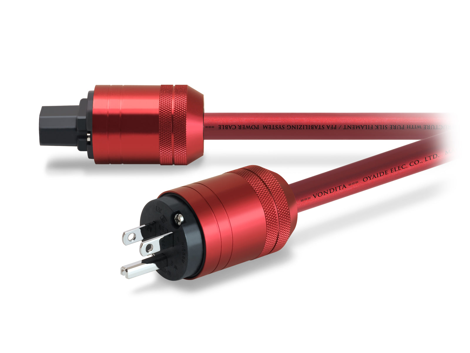 Red audio cable with connectors on a white background