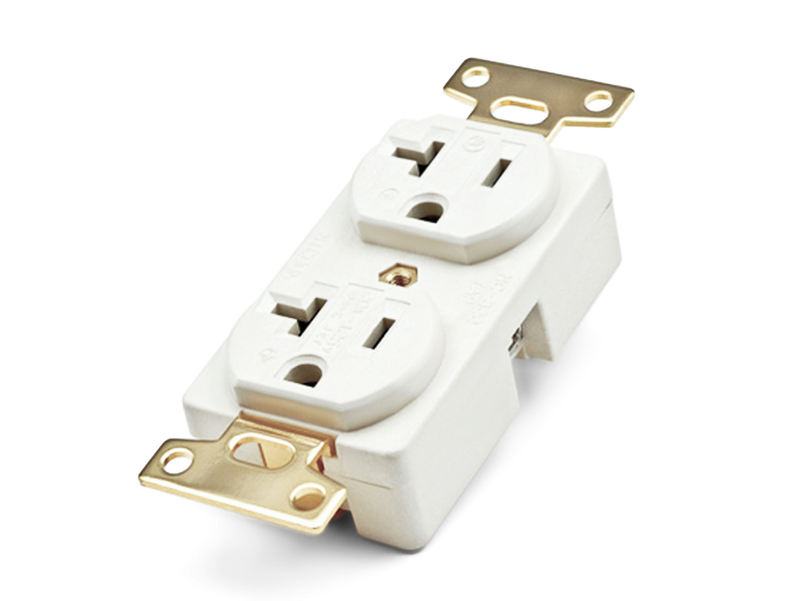 White electrical plug with gold contacts on a white background