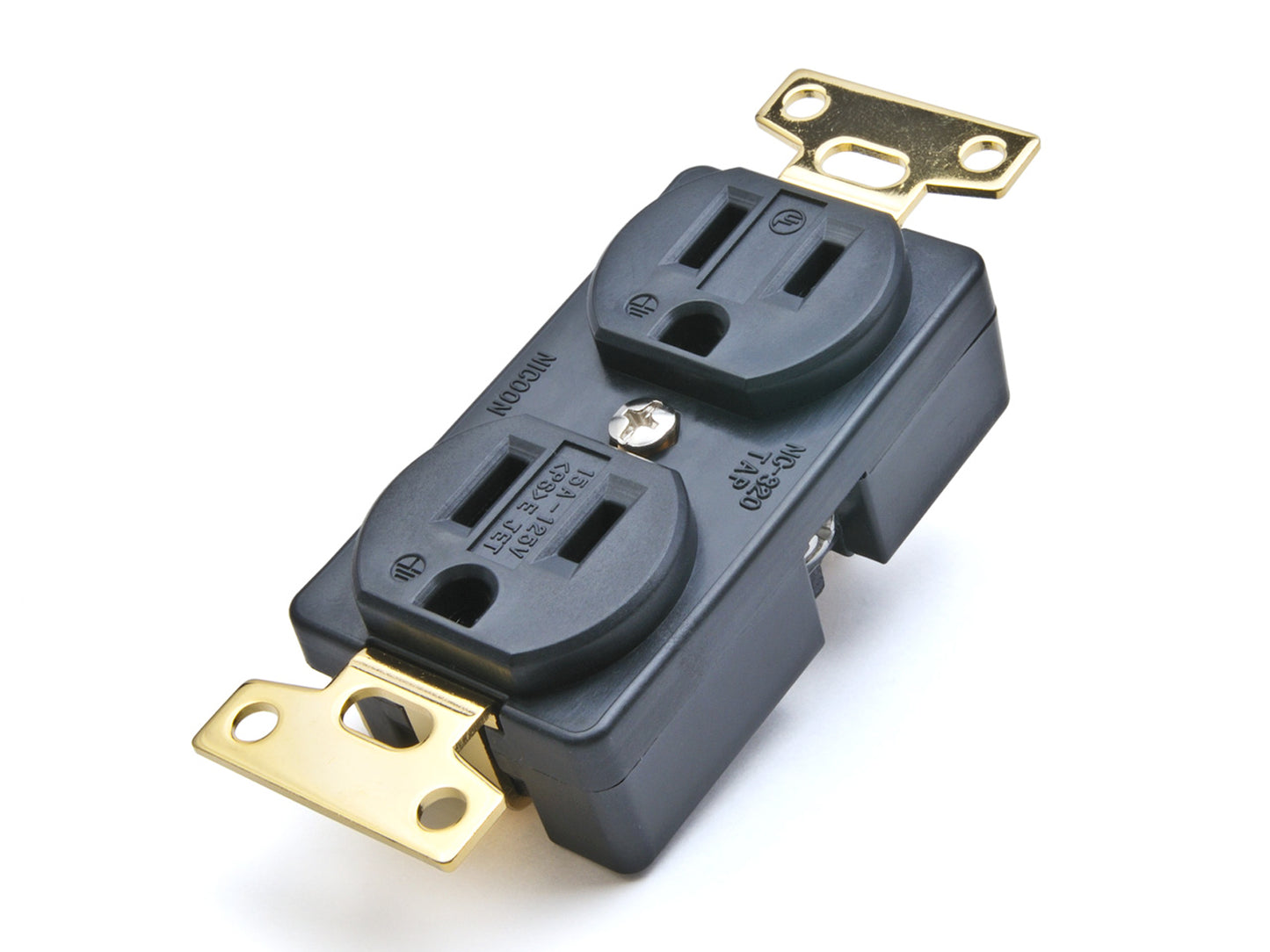 Black electrical outlet with gold connectors on a white background