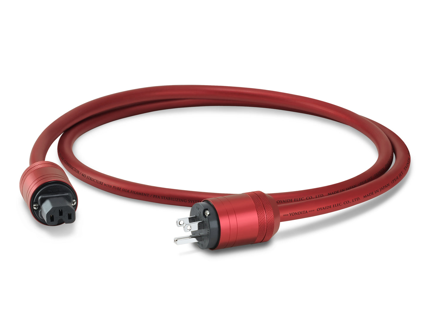 Red electrical cable with plugs on a white background